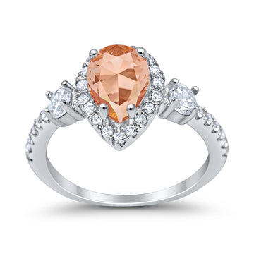 Three Stone Halo Teardrop Fashion Ring Pear Simulated Morganite CZ 925 Sterling Silver